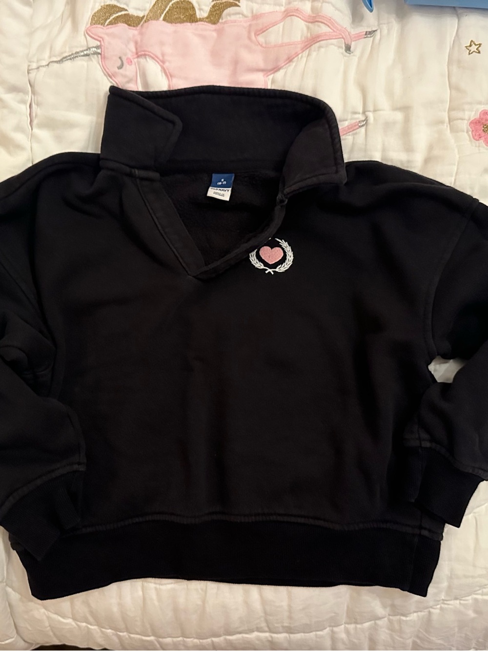 Old Navy Black Crewneck Sweatshirt with Pink Heart Crest
